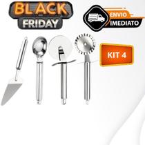 Kit 4 Peças Carretilhas Cortador De Massas Pastel e Pizza Colher De Sorvete e Espátula de Bolo