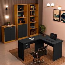 Kit 4 Peças com 1 Mesa L 1 Armário 1 Estante Uma Porta 1 Estante 2 Portas