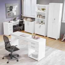 Kit 4 Peças com Mesa para Escritório em L 1, Escrivaninha, Armário Multiuso Aberto e Armário Fechado