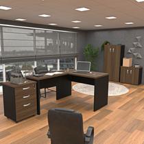 Kit 4 Peças com Mesa para Escritório em L, Gaveteiro e 2 Armários