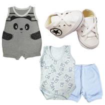 Kit 4 Peças Conjunto Bebê Body Short Regata Sapatinho Verão
