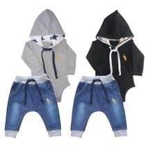 Kit 4 Peças Conjunto Roupa Bebê Body com Capuz e Calça Jeans