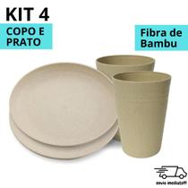 KIT 4 Peças Copo e Prato Fibra de Bambu Ecologico Louça Cozinha