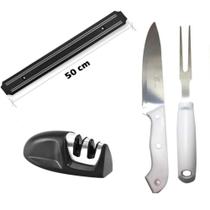 Kit 4 Peças Cozinha Barra Magnética Faca Cortar Carne Garfo Trinchante Amolador Facas