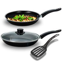 Kit 4 Peças Cozinha Frigideiras Antiaderente com Tampa Grande e Espátula