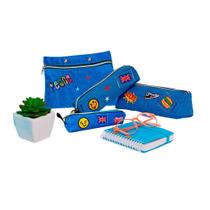 Kit 4 Peças Estojo Lápis Escolar Escritório Jeans Reforçado Apparatos Box Grande