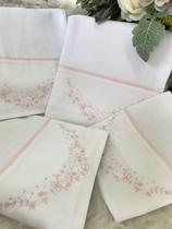 Kit 4 Peças Fralda Quadriculada Premium Bordado Barrado Floral Rosa Bebê Ramo Enxoval Personalizado
