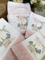 Kit 4 Peças Fralda Quadriculada Premium Renda com Toalha Capuz Forrada Borboleta Rosa Bebê Gaiola Enxoval Personalizado