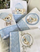 Kit 4 Peças Fralda Quadriculada Premium Renda Urso Azul Bebê Boina Enxoval Personalizado