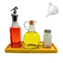 Kit 4 Peças Galheteiro Vidro Bambu Porta Azeite Vinagre Sal