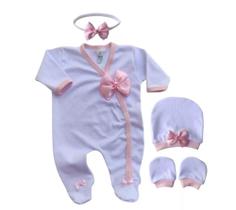 Kit 4 Peças Macacão Lilás + Tiara Laço + Touca + Luvas Bebê