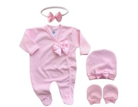 Kit 4 Peças Macacão Lilás + Tiara Laço + Touca + Luvas Bebê
