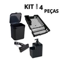 Kit 4 Peças Organizador de Pia Porta Detergente Rodo Lixeira 5 Litros e Escorredor Preto