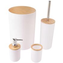 Kit 4 Peças para Banheiro de Plástico e Bambu Branco Kit 4 Peças para Banheiro de Plástico e Bambu Branco