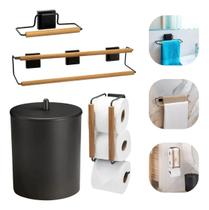 Kit 4 Peças para Banheiro ou Lavabo Porta Toalhas Lixeira 5l e Porta Papel Higiênico Fita 3m Preto com Bambu Arthi Kit 4 Peças para Banheiro ou Lavabo Porta Toalhas Lixeira 5l e Porta Papel Higiênico Fita 3m Preto com Bambu Arthi