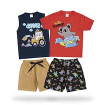Kit 4 Peças / Roupa Infantil Menino Para Criança Verão 2 Conjunto Blusas / Regatas e Bermudas