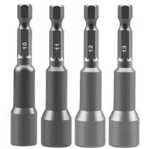 Kit 4 peças Soquete Magnético Parafusadeira Aço Cromo 10mm 11mm 12mm 13mm