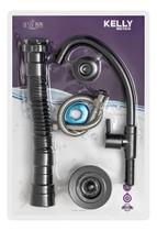 Kit 4 Peças Torneira Bica Movel + Sifão + Valvula + Engate Preto Brilhante