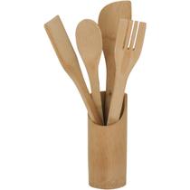 Kit 4 peças utensílios cozinha bambu natural 4pç com suporte table