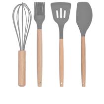 Kit 4 Peças Utensílios Silicone Bambu Espátulas Pincel Fouet