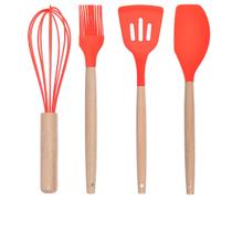 Kit 4 Peças Utensílios Silicone Bambu Espátulas Pincel Fouet