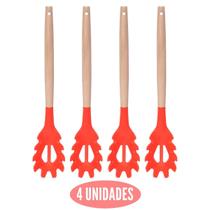 Kit 4 Pegador de Silicone Vermelho Cabo Bambu Multiuso