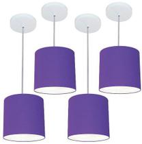 Kit/4 Pendente Cilíndrico Md-4046 Cúpula em Tecido 18x18cm Roxo - Bivolt