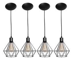 Kit 4 Pendente Diamante Aramado Preto Design Moderno para Decoração de Ambientes