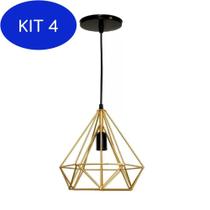 Kit 4 Pendente Luminária Lustre Aramado Diamante - Dourado