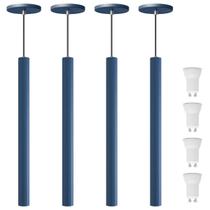 Kit 4 Pendente Luminária Tubo Azul 50 Cm + Lâmpada LED Branco Neutro