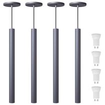 Kit 4 Pendente Luminária Tubo Cinza 50 Cm + Lâmpada LED Branco Frio