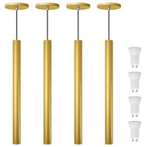 Kit 4 Pendente Luminária Tubo Dourado Fosco 50 Cm + Lâmpada LED Branco Quente