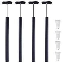 Kit 4 Pendente Luminária Tubo Preto 50 Cm + Lâmpada LED Branco Neutro