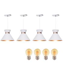 Kit 4 Pendente Lustre Luminária Berlin 15cm Branco + Led Retrô Vintage Moderno