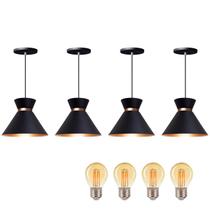 Kit 4 Pendente Lustre Luminária Berlin 15cm Preto + Led