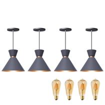 Kit 4 Pendente Lustre Luminária Berlin 23cm Cinza + Led Retrô Vintage Moderno