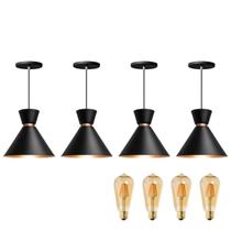 Kit 4 Pendente Lustre Luminária Berlin 23cm Preto + Led Retrô Vintage Moderno Kit 4 Pendente Lustre Luminária Berlin 23cm Preto + Led Retrô Vintage Moderno