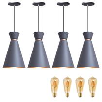 Kit 4 Pendente Lustre Luminária Pequim Cinza 30cm + Led Retrô Vintage Moderno