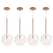 Kit 4 Pendente Lux Cobre Rose Gold Globo Vidro 25Cm + Led