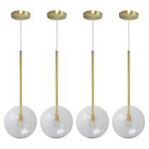 Kit 4 Pendente Lux Dourado Globo Vidro Cristal 20Cm + Led