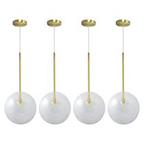 Kit 4 Pendente Lux Dourado Globo Vidro Cristal 25Cm + Led