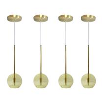 Kit 4 Pendente Lux Globo Âmbar Vidro Dourado + Led