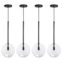 Kit 4 Pendente Lux Preto Globo Vidro Cristal 20Cm + Led