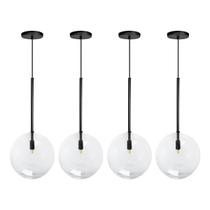 Kit 4 Pendente Lux Preto Globo Vidro Cristal 25Cm + Led