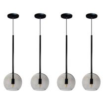 Kit 4 Pendente Lux Preto Globo Vidro Fumê + Led
