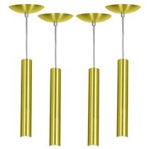 kit 4 Pendente Tubo Cilindro Alumínio Dourado 30Cm + Led 3k