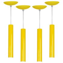 kit 4 Pendente Tubo Cilindro Amarelo 30Cm + Led 6k