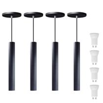 Kit 4 Pendente Tubo Preto 30 Cm + Lâmpada LED Branco Neutro