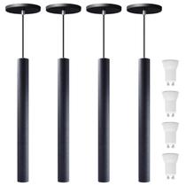 kit 4 Pendente Tubo Preto 40 Cm + Lâmpada LED Branco Quente