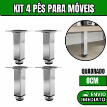 Kit 4 Pés Para Móveis Regulável Quadrado Cromado Pezinho Base Para Móveis Cama Armário 8cm